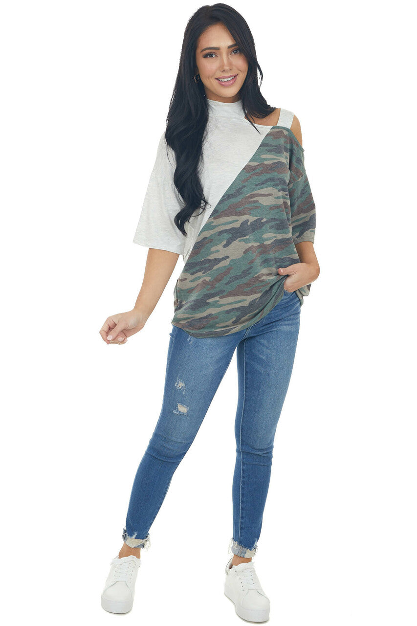 Pewter Grey Cold Shoulder Top with Asymmetrical Camo Print