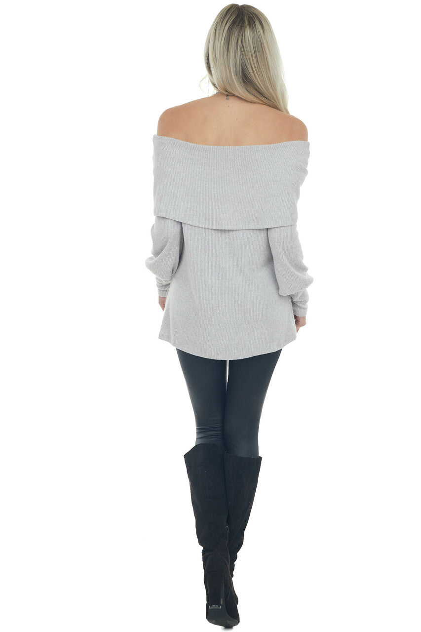 Pewter Grey Folded Off Shoulder Ribbed Knit Top
