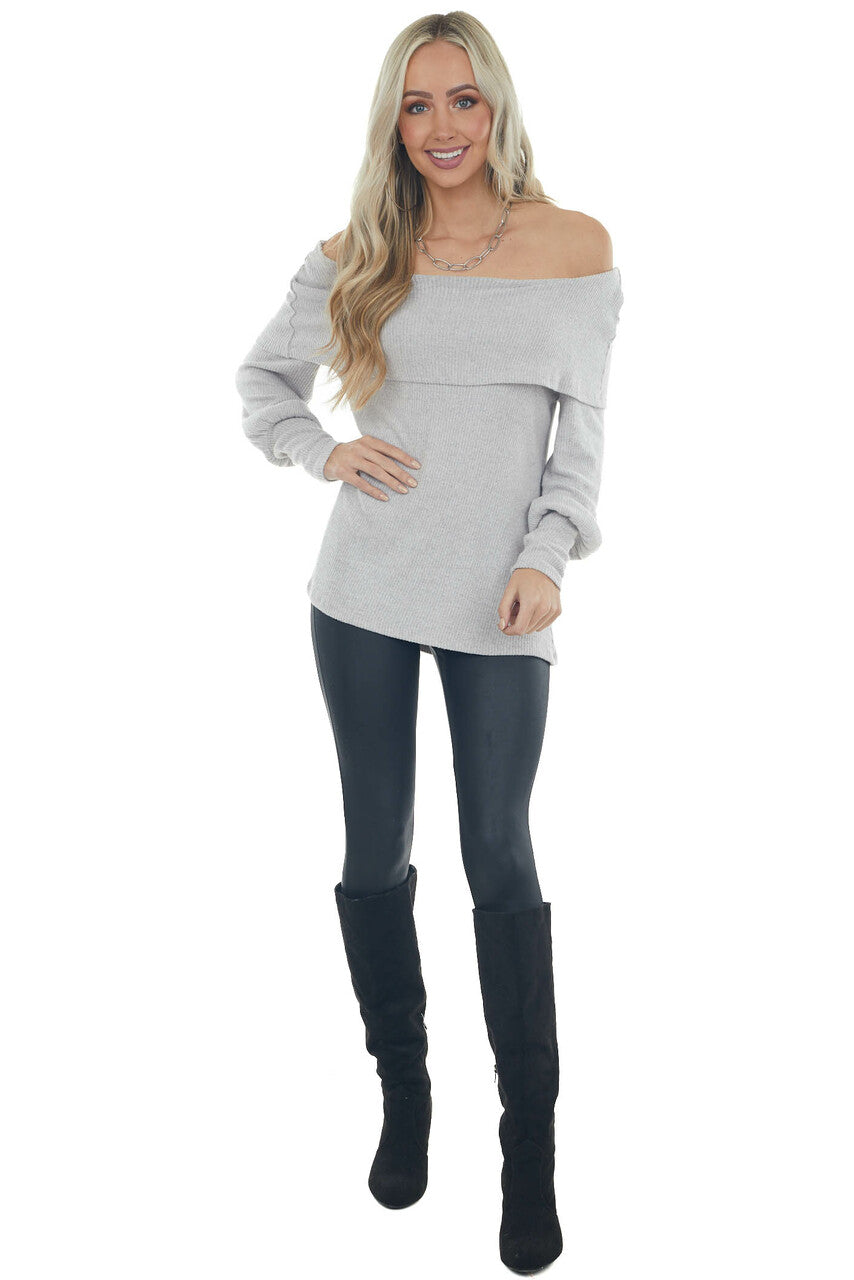Pewter Grey Folded Off Shoulder Ribbed Knit Top