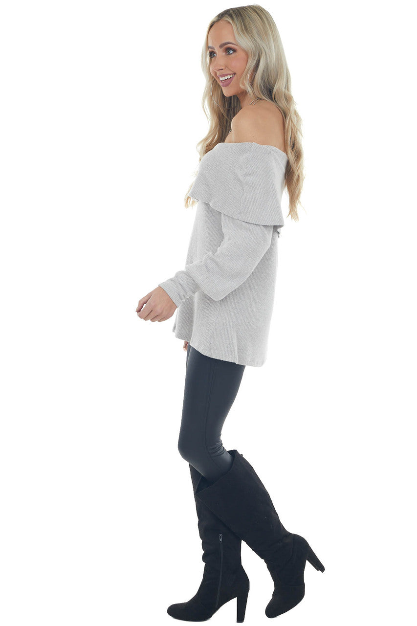 Pewter Grey Folded Off Shoulder Ribbed Knit Top