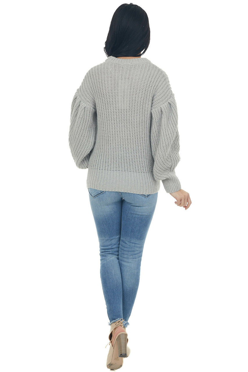 Pewter Grey Puff Sleeve Thick Knit Sweater