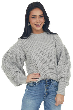 Pewter Grey Puff Sleeve Thick Knit Sweater