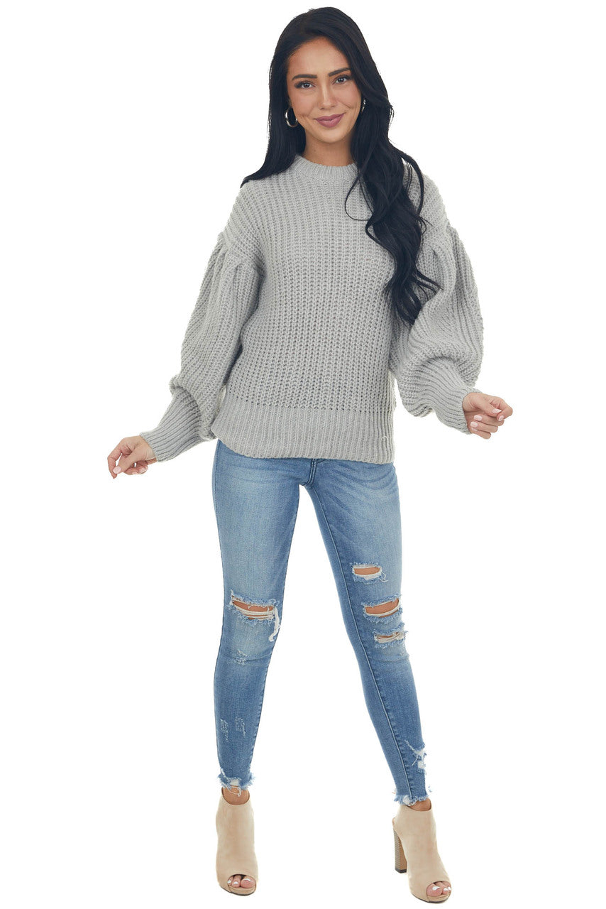 Pewter Grey Puff Sleeve Thick Knit Sweater