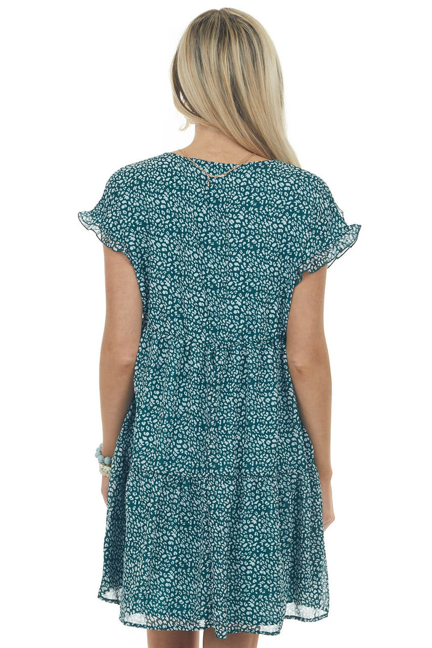 Pine Ditsy Leopard Drop Waist V Neck Dress