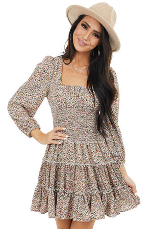 Pine Floral Print Ruffle Tiered Dress with Smocked Waist 