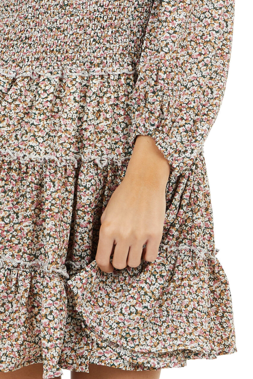 Pine Floral Print Ruffle Tiered Dress with Smocked Waist 