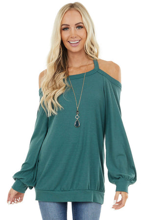Pine Green Cold Shoulder Long Sleeve Top with Keyhole Detail 