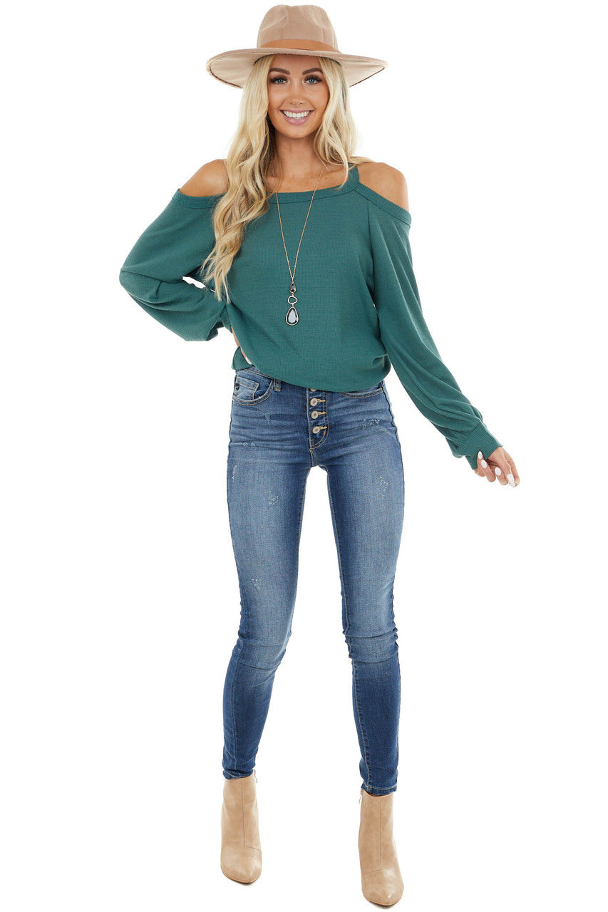 Pine Green Cold Shoulder Long Sleeve Top with Keyhole Detail 
