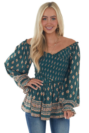 Pine Green Printed Off Shoulder Smocked Blouse