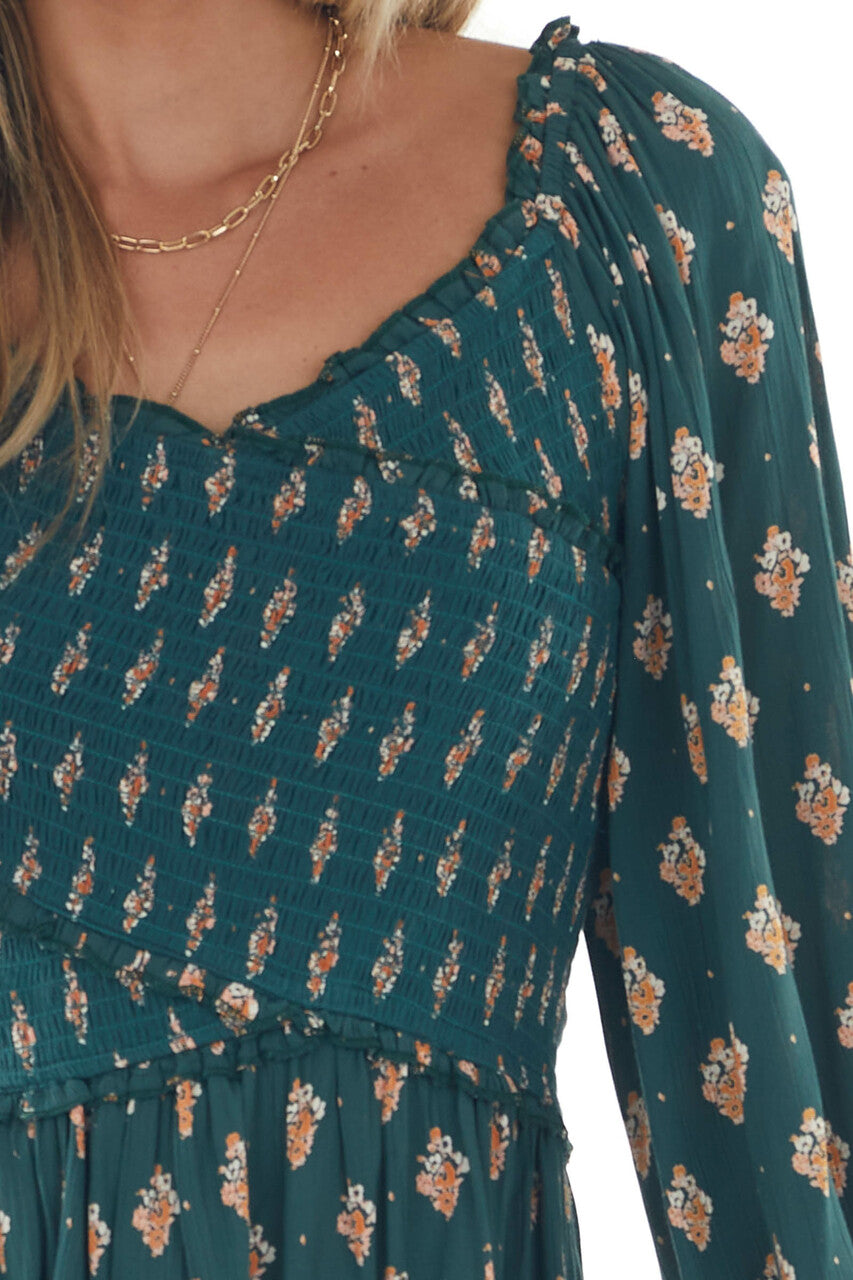 Pine Green Printed Off Shoulder Smocked Blouse