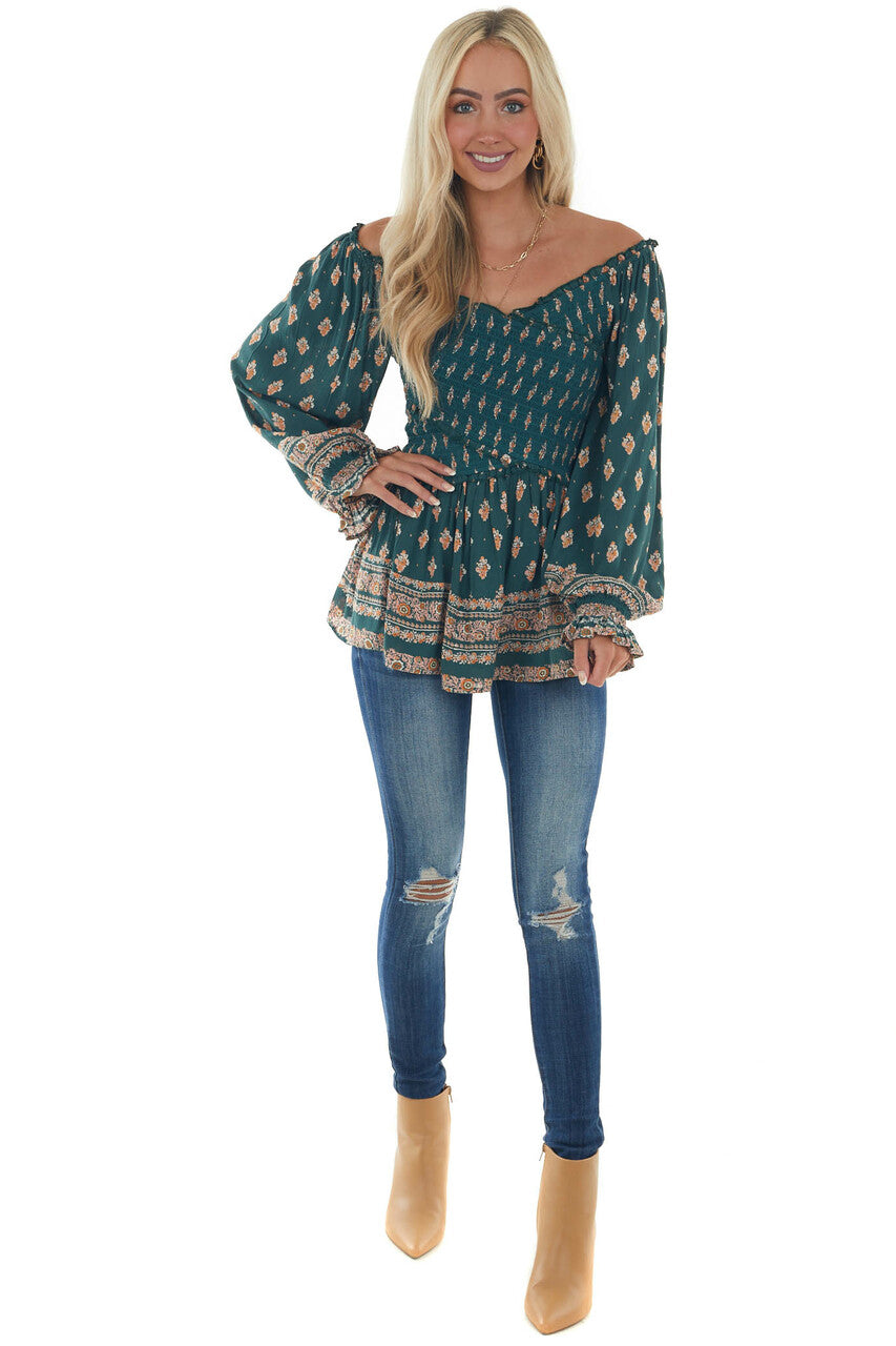 Pine Green Printed Off Shoulder Smocked Blouse
