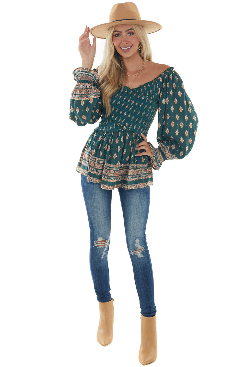 Pine Green Printed Off Shoulder Smocked Blouse