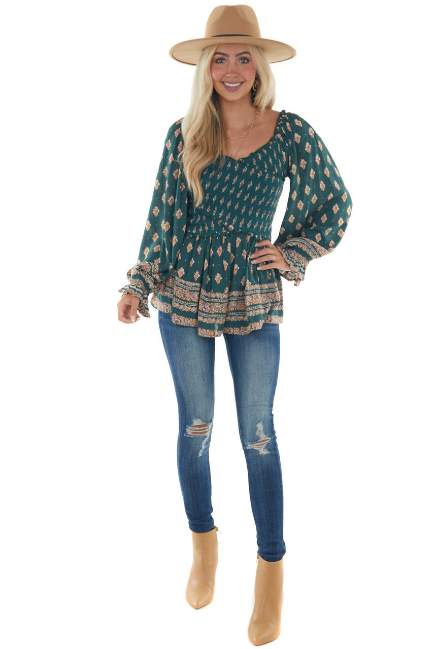Pine Green Printed Off Shoulder Smocked Blouse