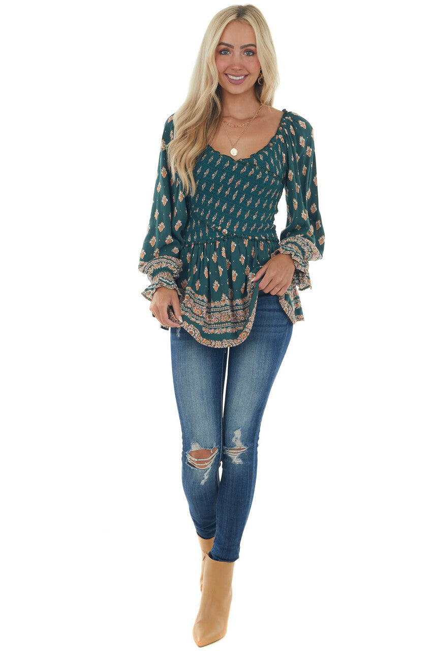 Pine Green Printed Off Shoulder Smocked Blouse