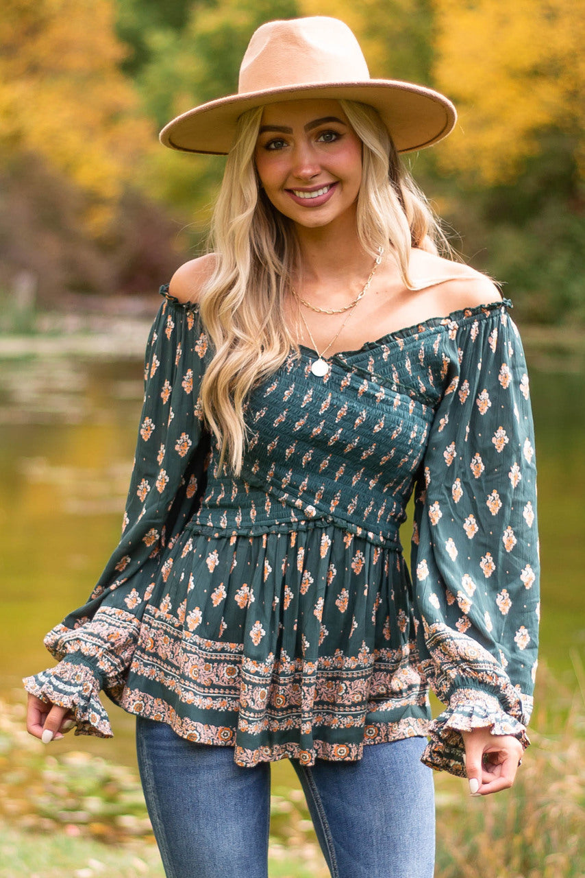 Pine Green Printed Off Shoulder Smocked Blouse