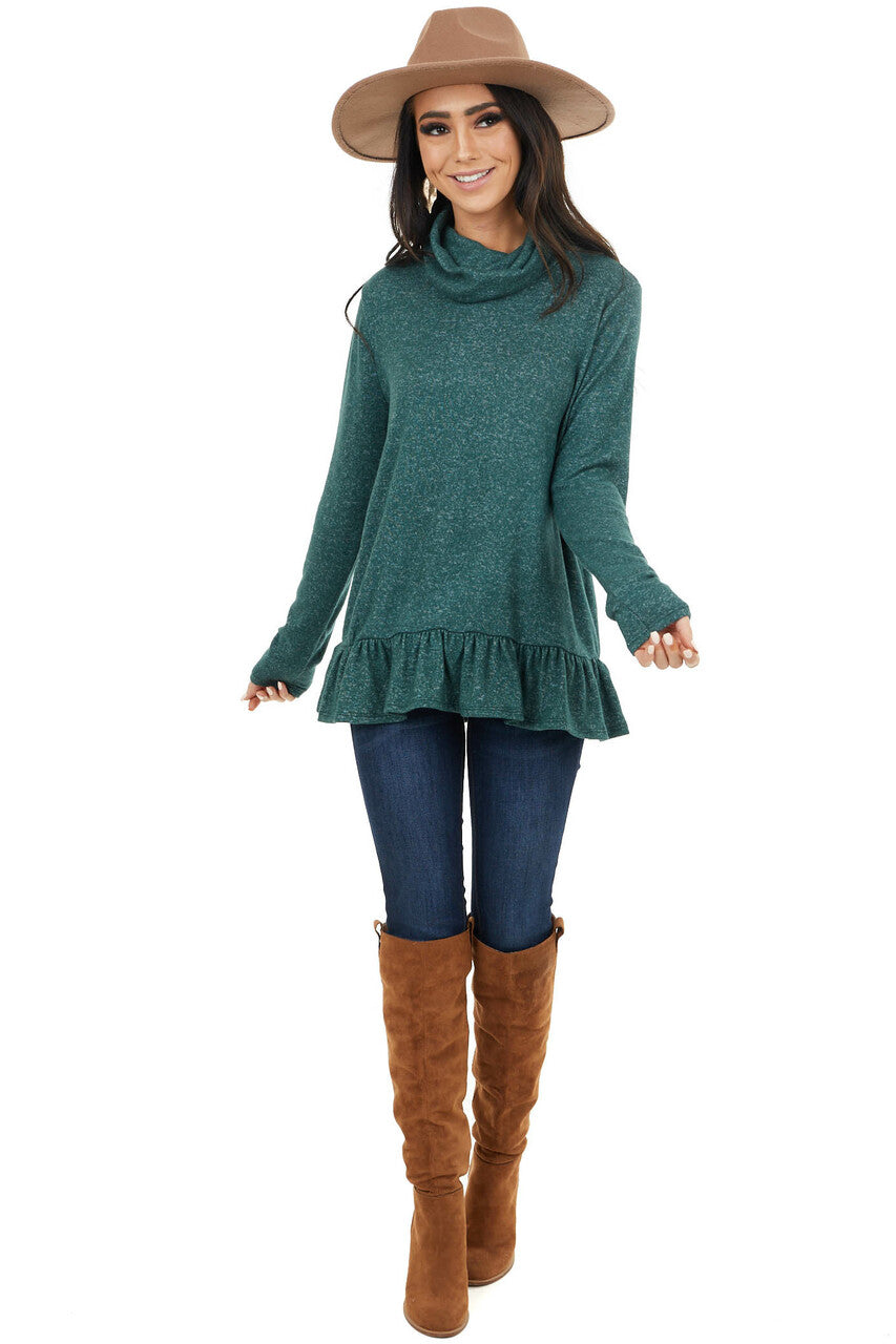 Pine Green Two Tone Cowl Neck Top with Ruffle Hem