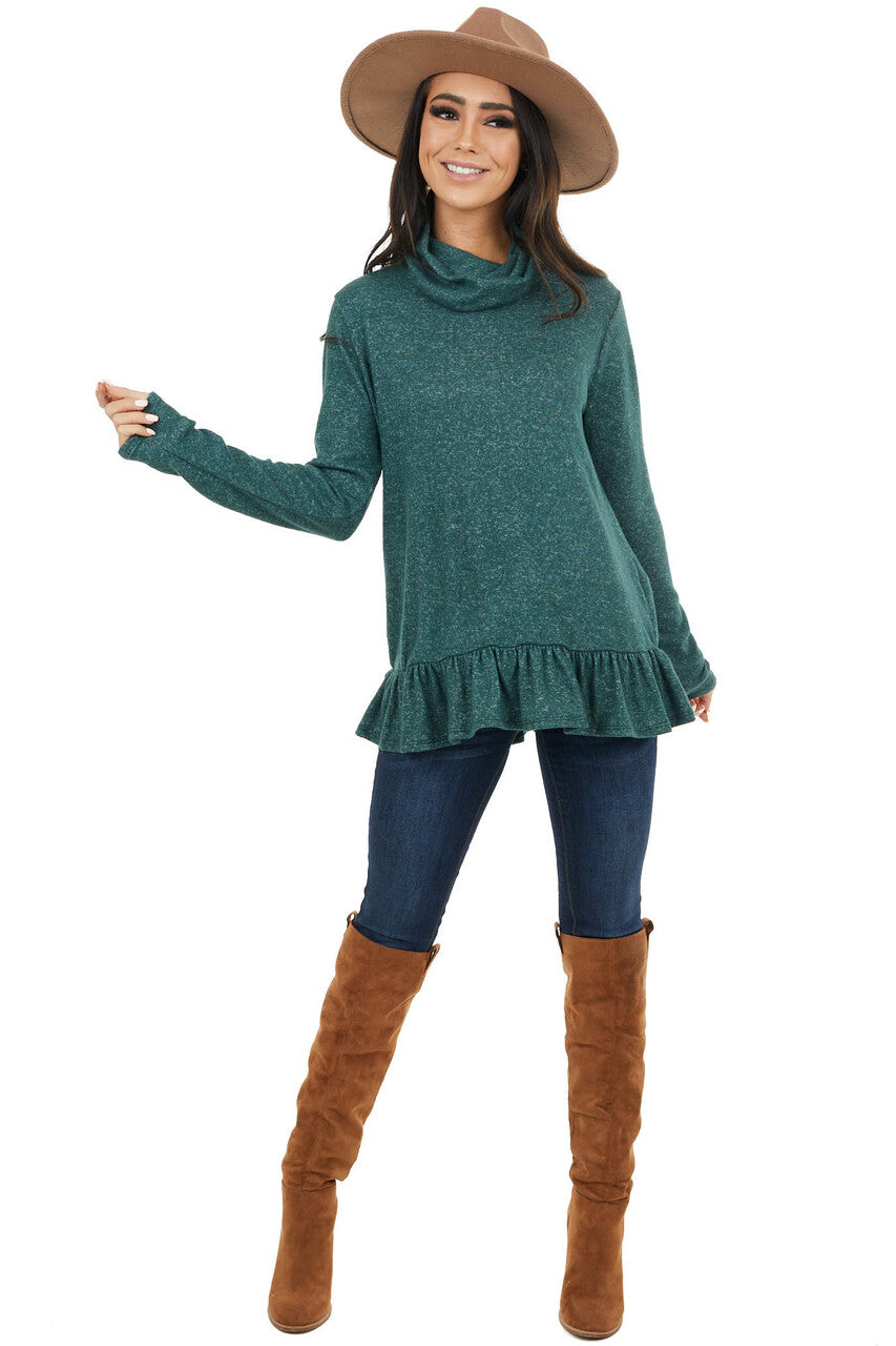 Pine Green Two Tone Cowl Neck Top with Ruffle Hem