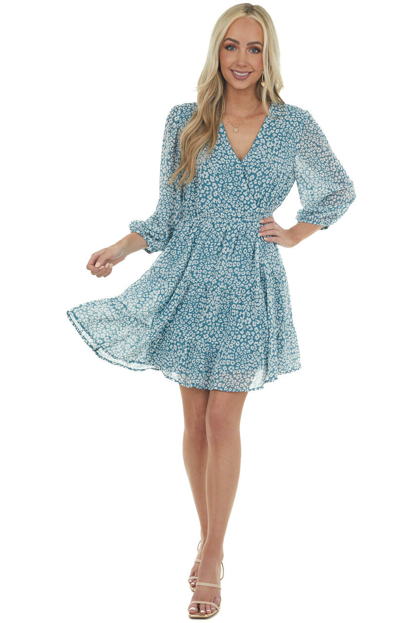 Pine Leopard Surplice Tiered Short Dress