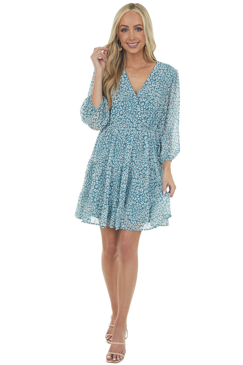 Pine Leopard Surplice Tiered Short Dress