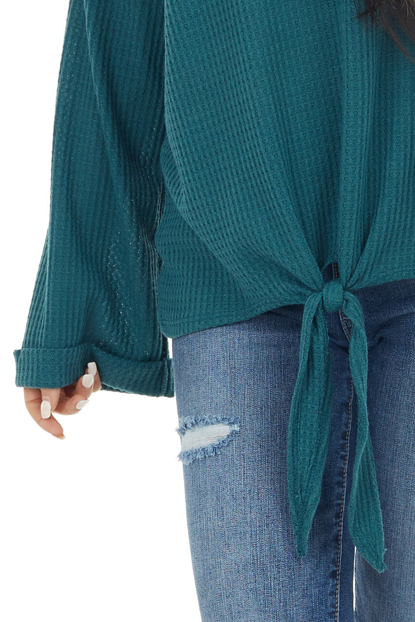 Pine Long Sleeve Waffle Knit Top with Front Tie Detail