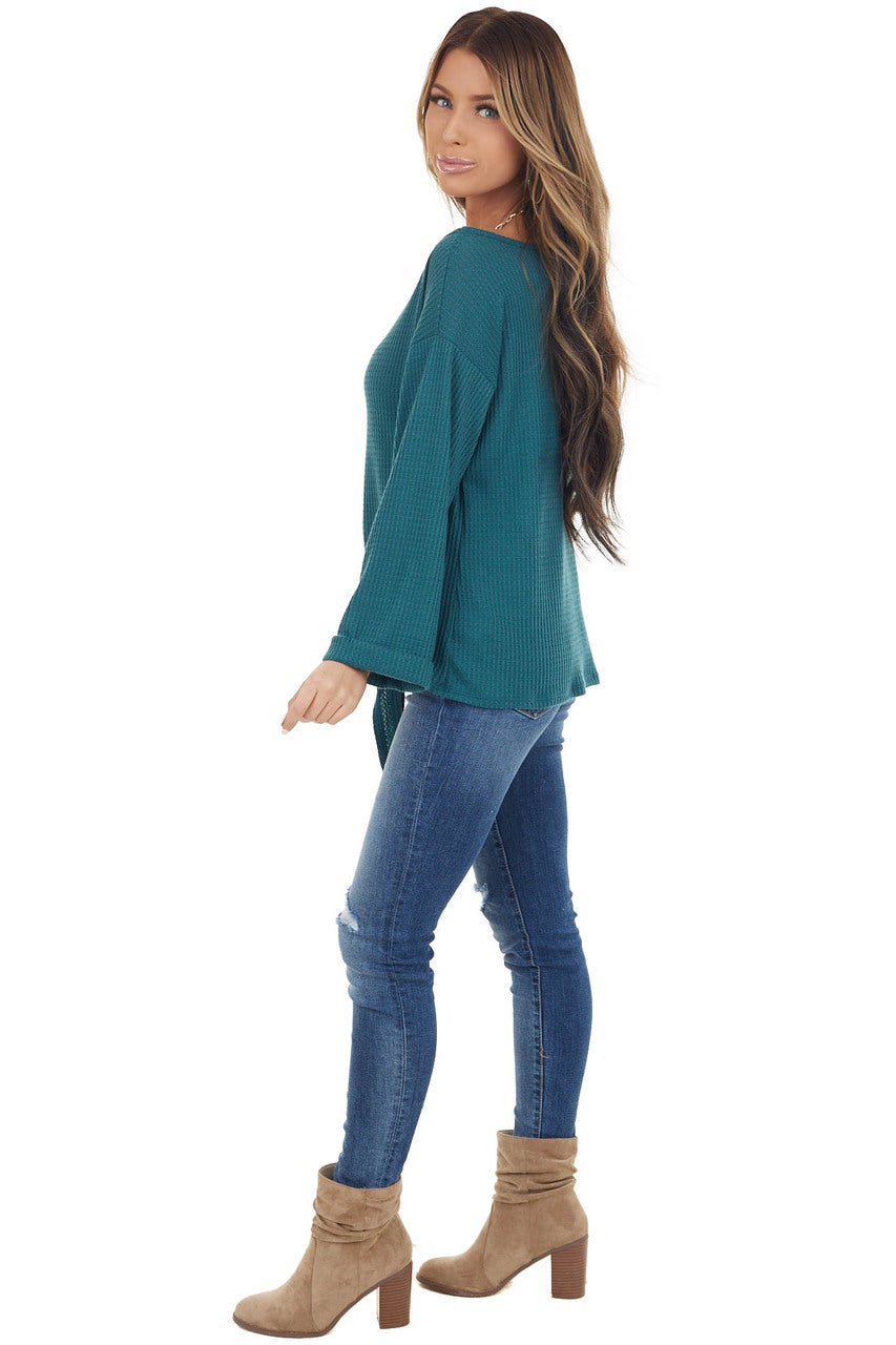 Pine Long Sleeve Waffle Knit Top with Front Tie Detail