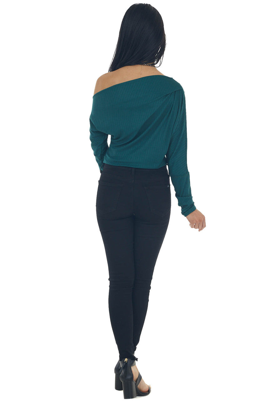 Pine Off Shoulder Long Sleeve Ribbed Bodysuit