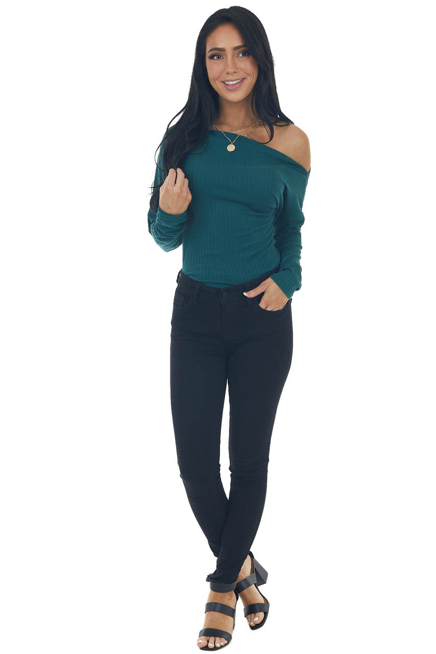 Pine Off Shoulder Long Sleeve Ribbed Bodysuit