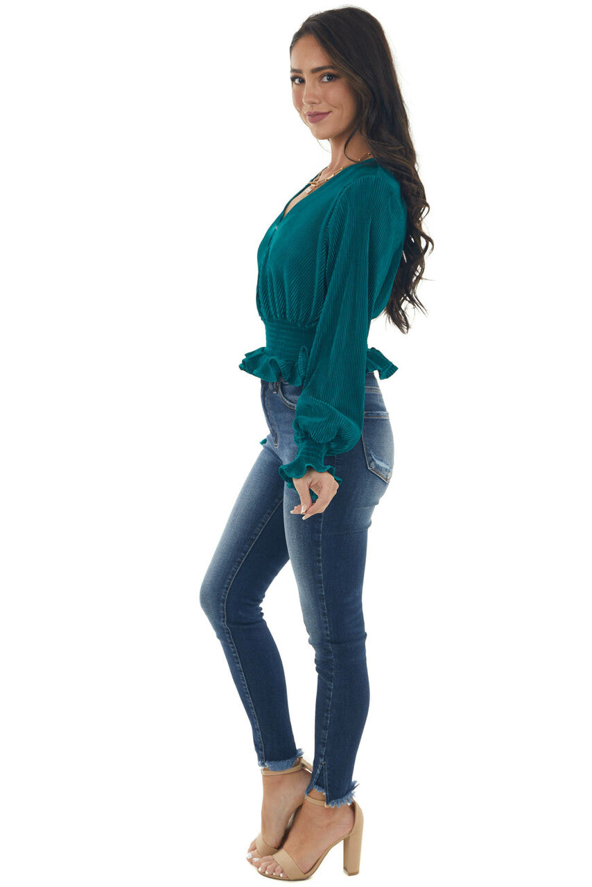 Pine Pleated Surplice Smocked Waist Blouse