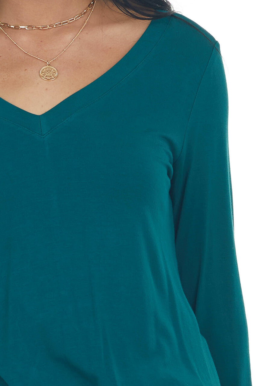 Pine Rounded Hem V Neck Soft Knit Top