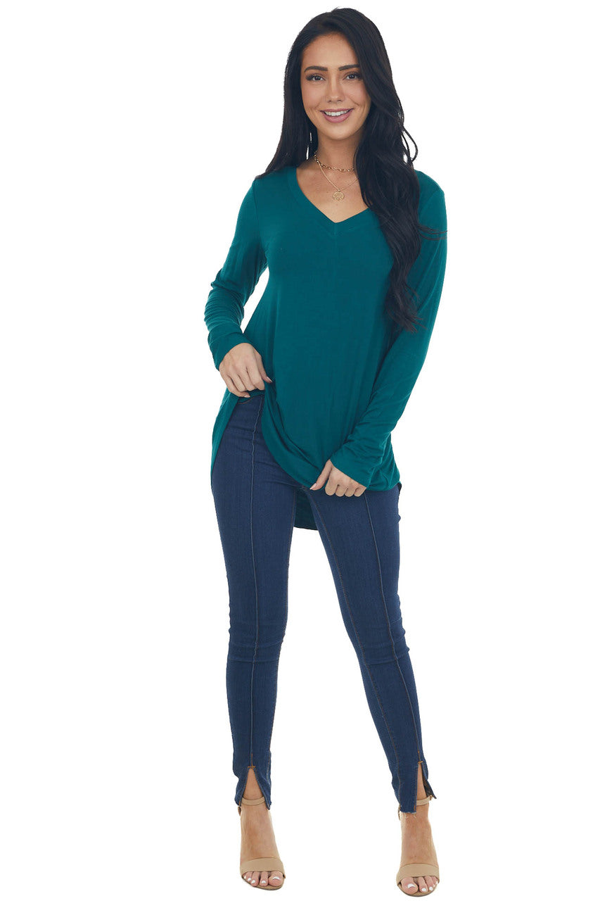 Pine Rounded Hem V Neck Soft Knit Top