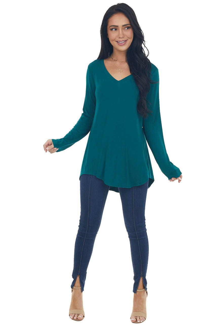 Pine Rounded Hem V Neck Soft Knit Top