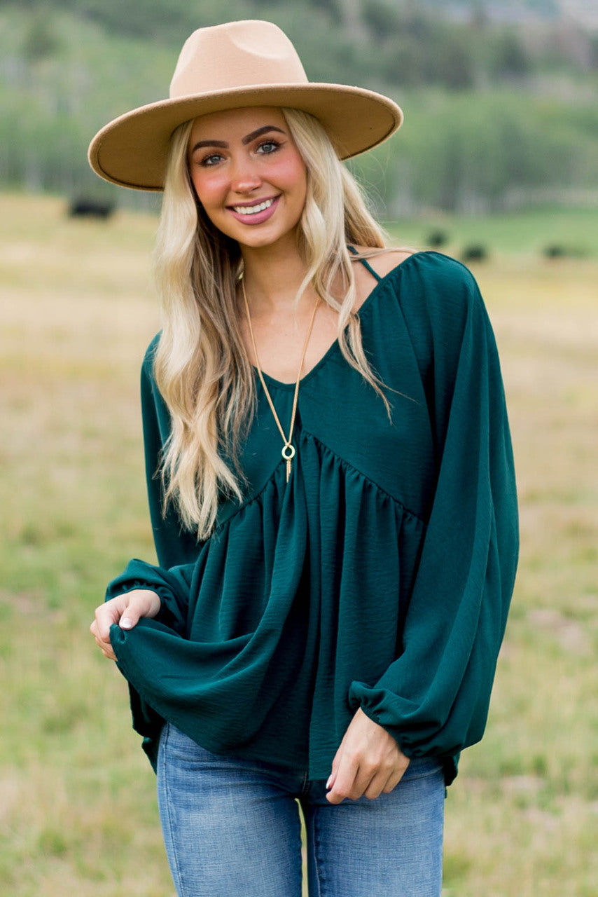 Pine V Neck Babydoll Puff Sleeve Flowy Top