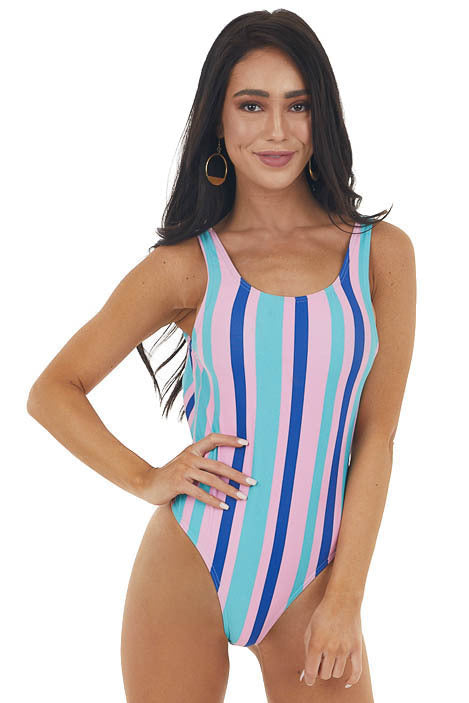 Pink and Aqua Striped One Piece Swimsuit with Scoop Back