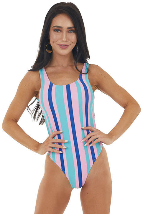 Pink and Aqua Striped One Piece Swimsuit with Scoop Back