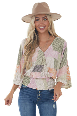Pink Printed Long Sleeve Surplice Knit Top