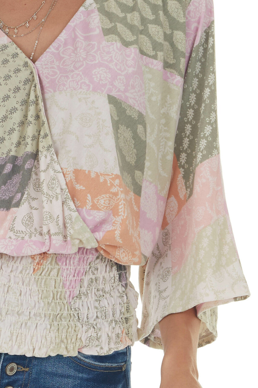 Pink Printed Long Sleeve Surplice Knit Top