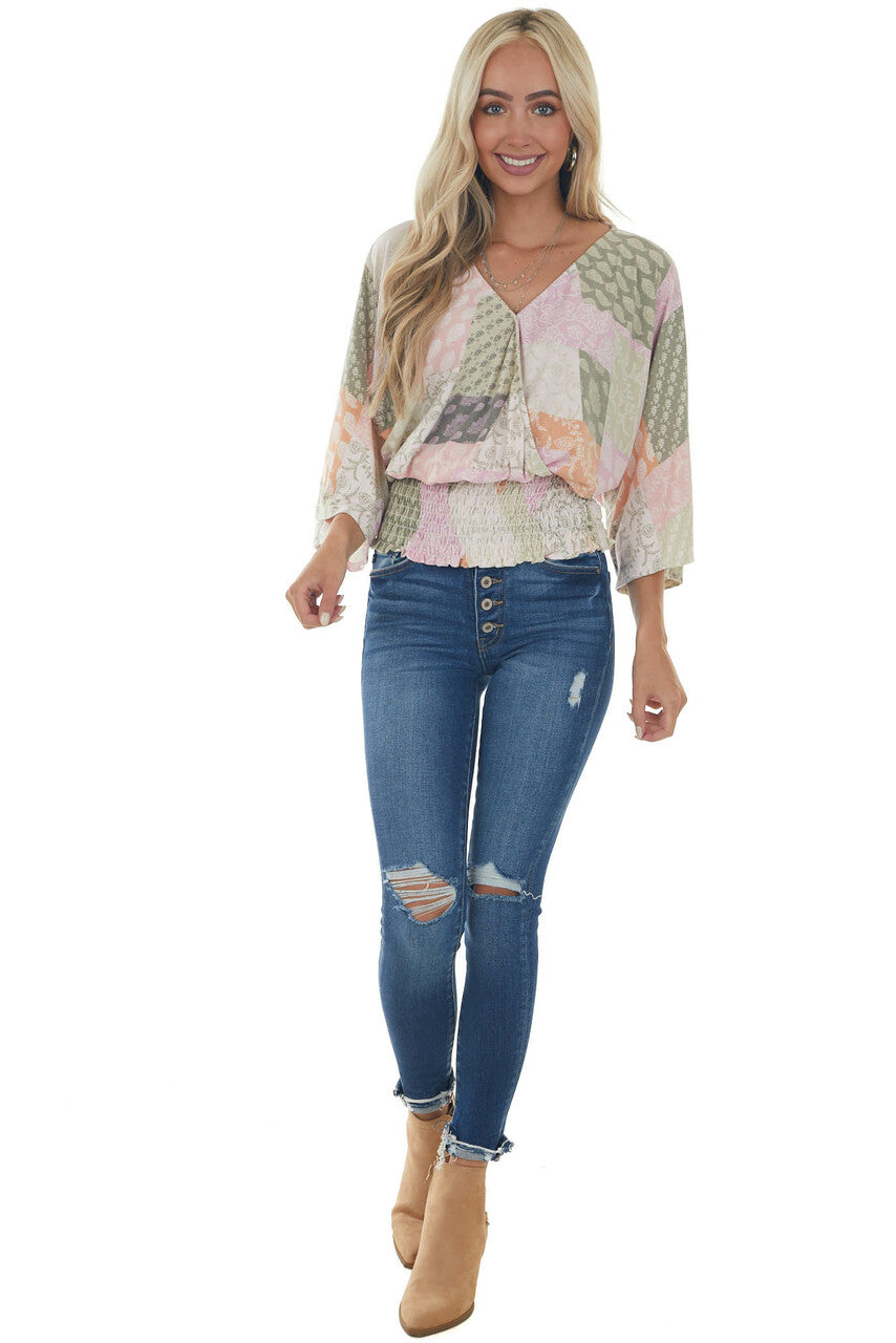 Pink Printed Long Sleeve Surplice Knit Top