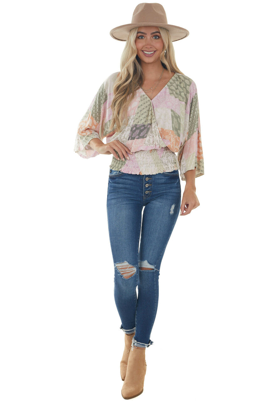 Pink Printed Long Sleeve Surplice Knit Top