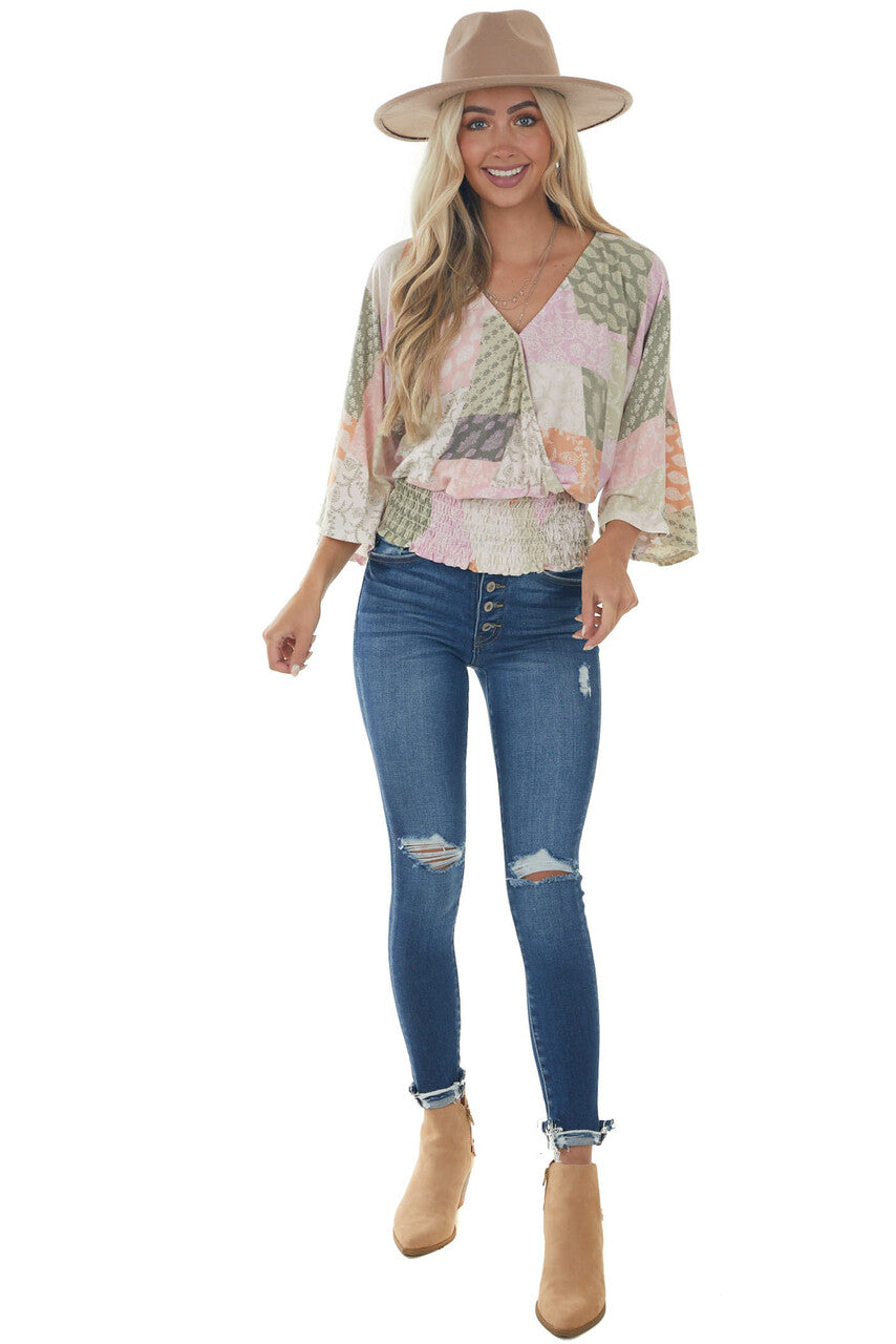 Pink Printed Long Sleeve Surplice Knit Top