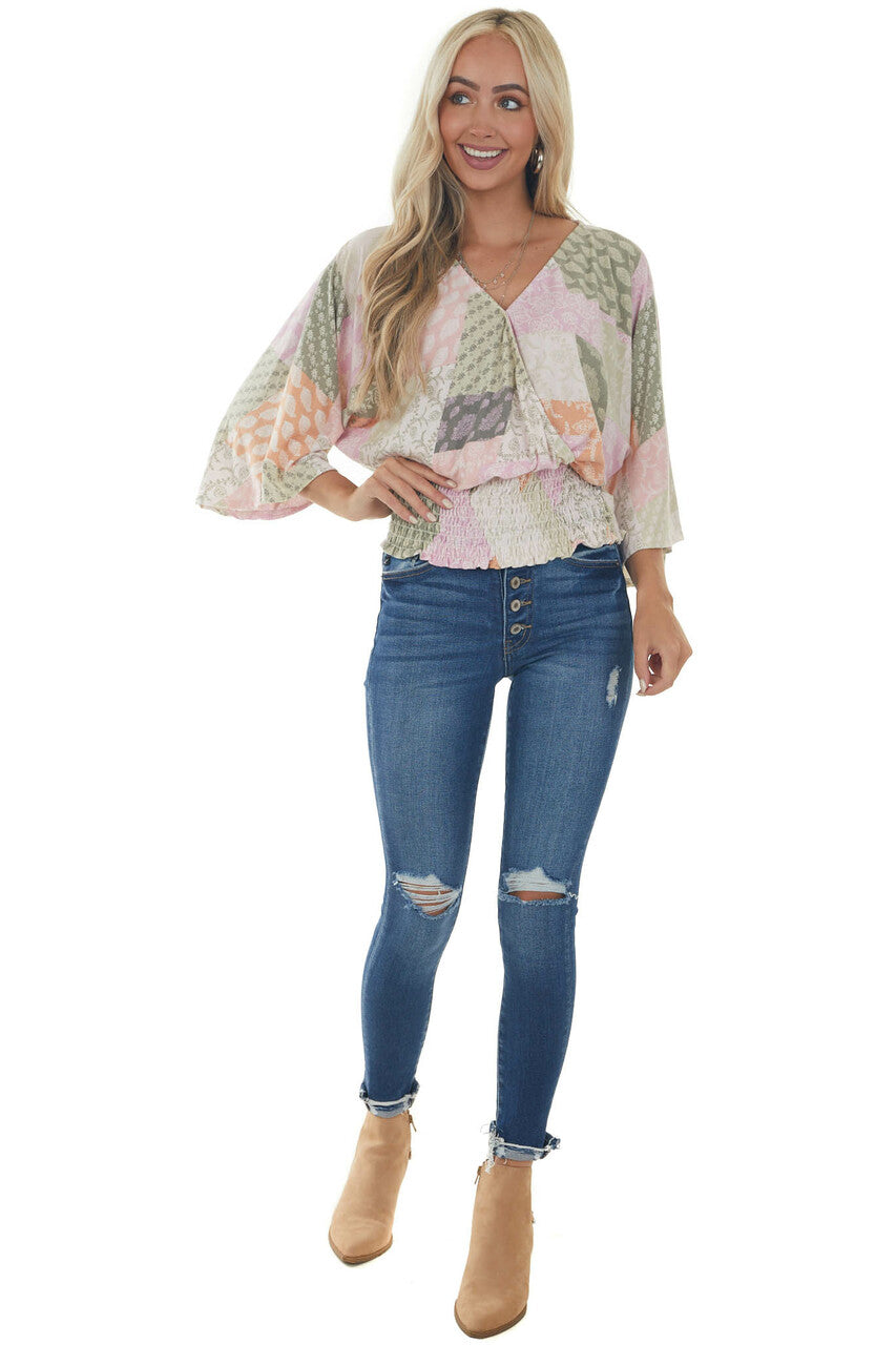 Pink Printed Long Sleeve Surplice Knit Top