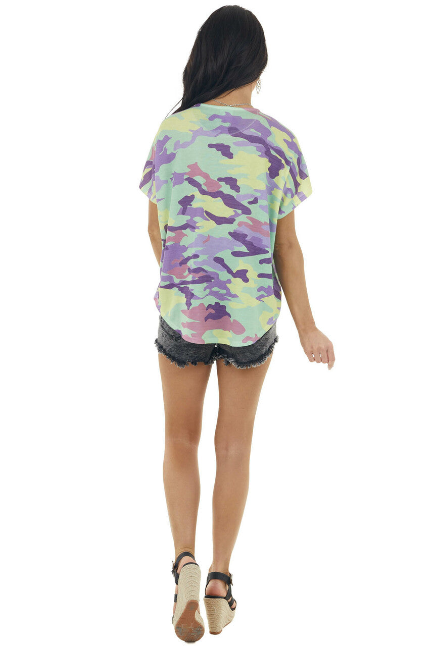 Pistachio Camo Print Short Kimono Sleeve Stretchy Knit Top