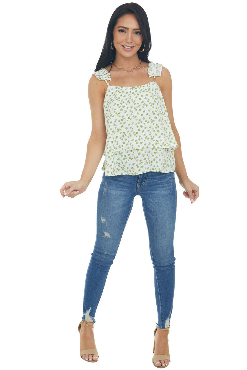 Pistachio Ditsy Floral Tiered Frill Tank Top