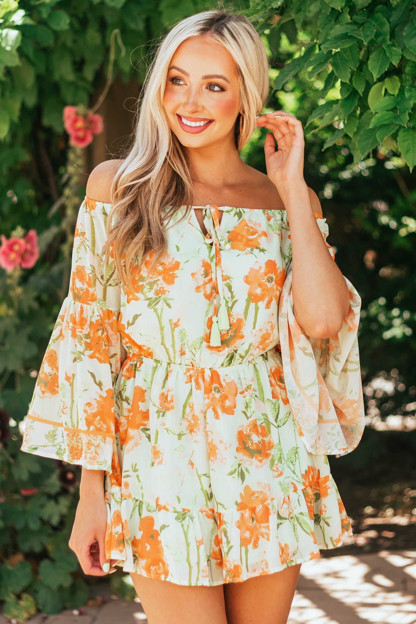 Pistachio Floral Print Off the Shoulder Romper