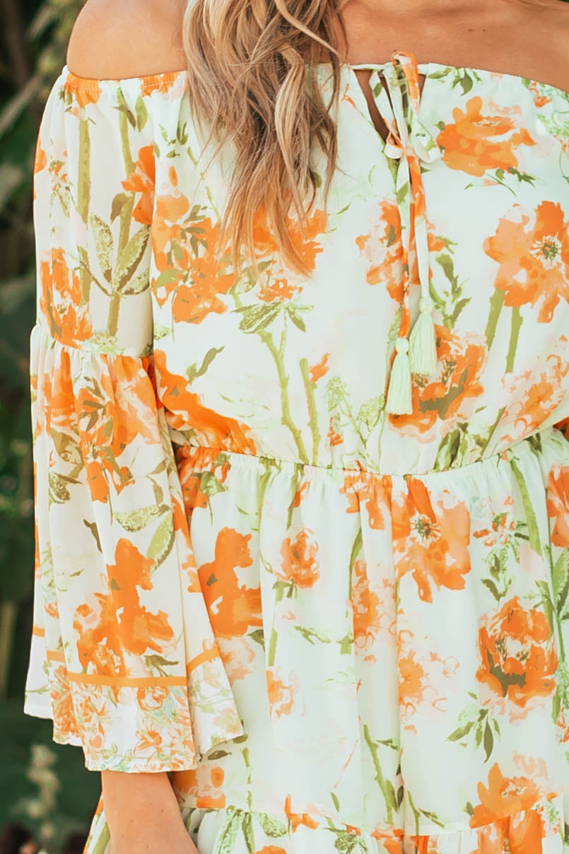 Pistachio Floral Print Off the Shoulder Romper