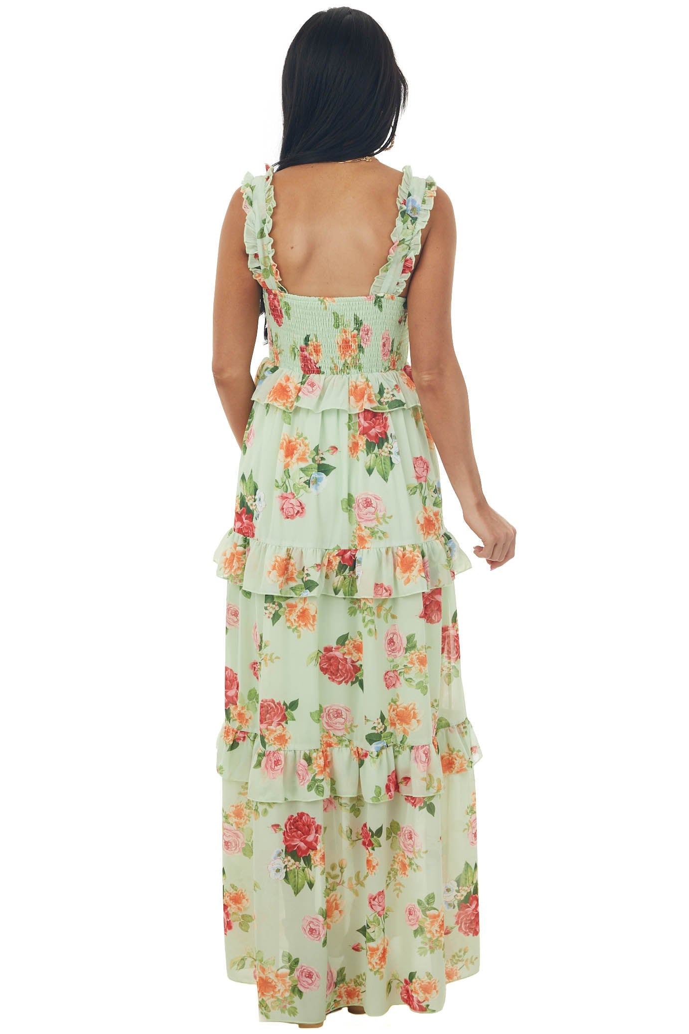 Pistachio Floral Print Ruffle Tiered Maxi Dress