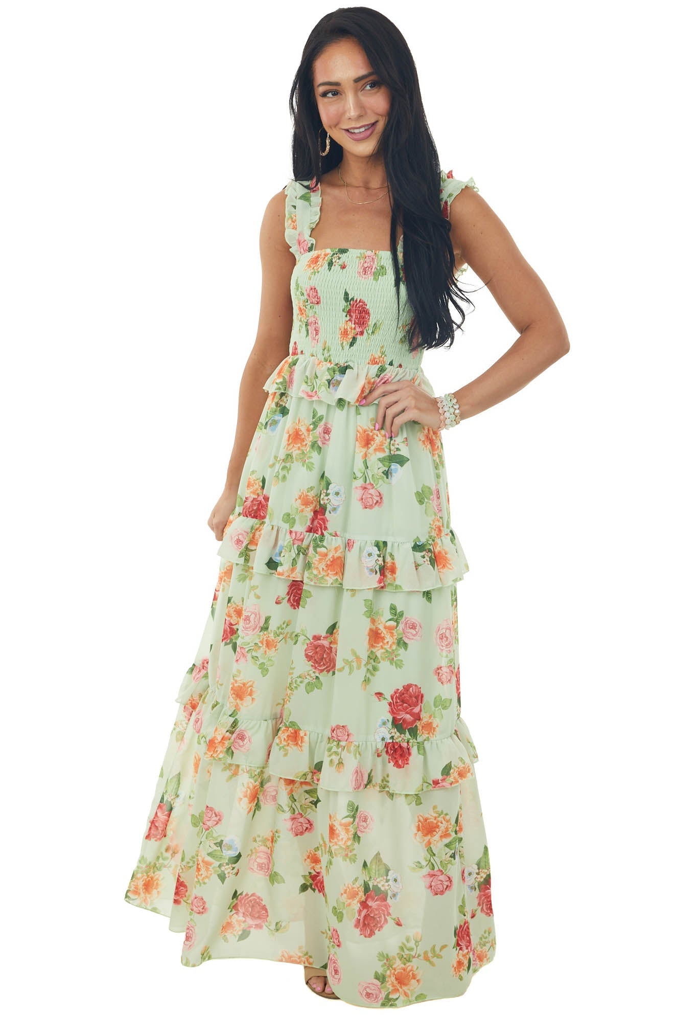 Pistachio Floral Print Ruffle Tiered Maxi Dress