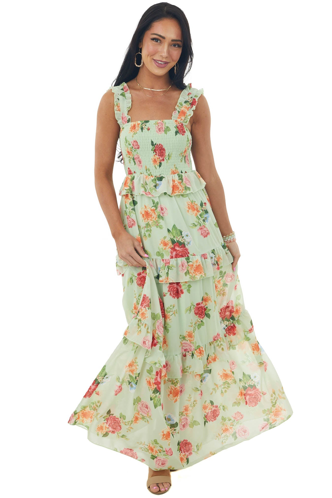 Pistachio Floral Print Ruffle Tiered Maxi Dress