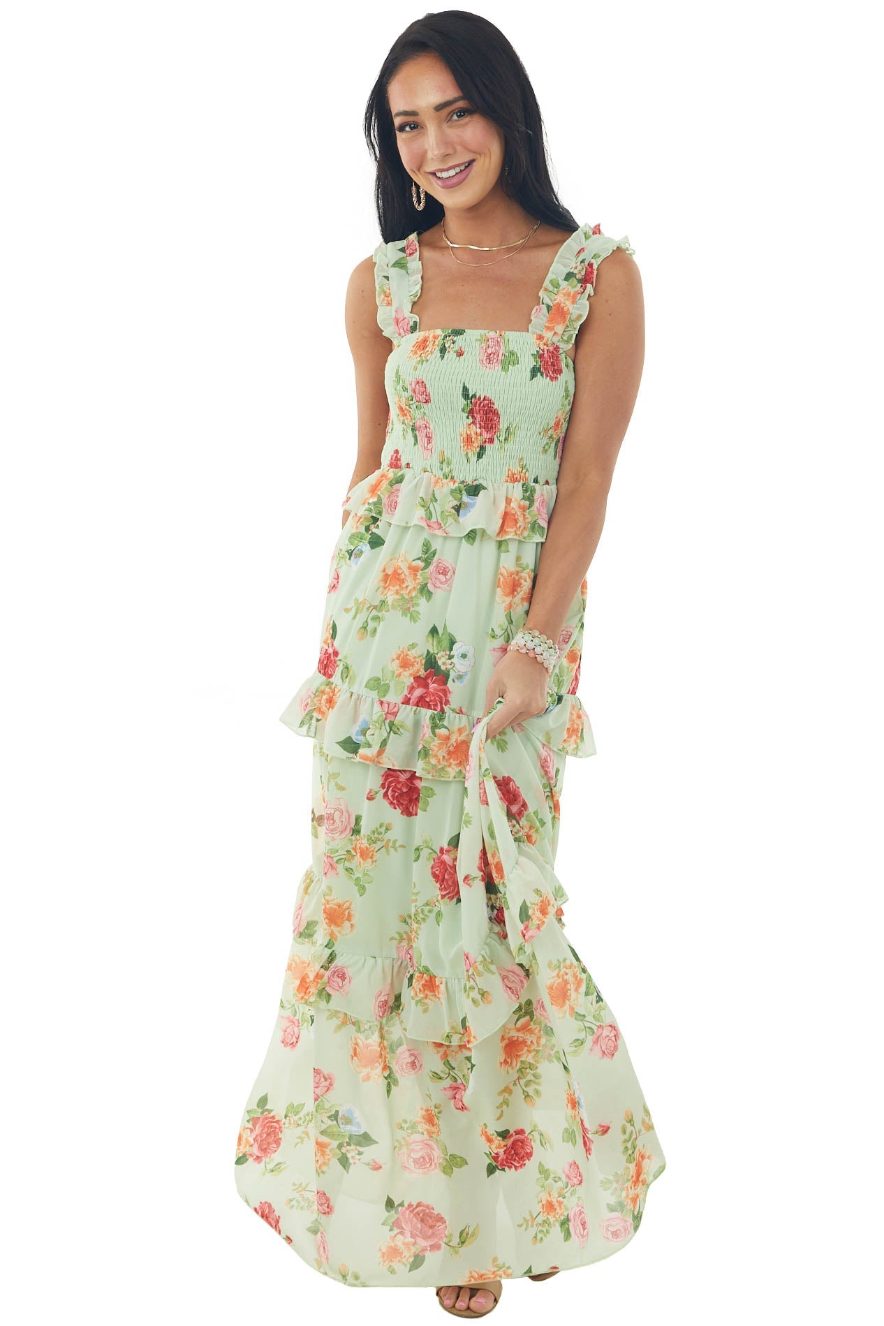 Pistachio Floral Print Ruffle Tiered Maxi Dress