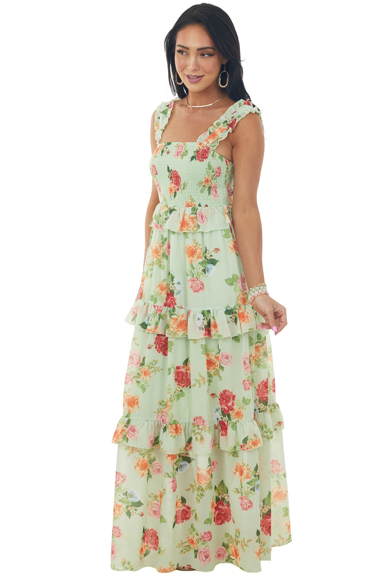Pistachio Floral Print Ruffle Tiered Maxi Dress