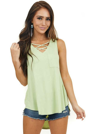 Pistachio Green Tank Top with Pocket and Criss Cross Detail